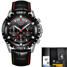 Men's Watch LIGE Top Brand Luxury Men's Military Sports Watch Men's Waterproof Leather Quartz Watch Gold Black Leisure Clock+Box