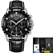 Men's Watch LIGE Top Brand Luxury Men's Military Sports Watch Men's Waterproof Leather Quartz Watch Gold Black Leisure Clock+Box