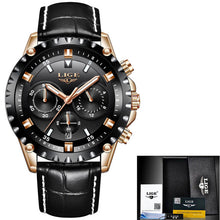 Men's Watch LIGE Top Brand Luxury Men's Military Sports Watch Men's Waterproof Leather Quartz Watch Gold Black Leisure Clock+Box